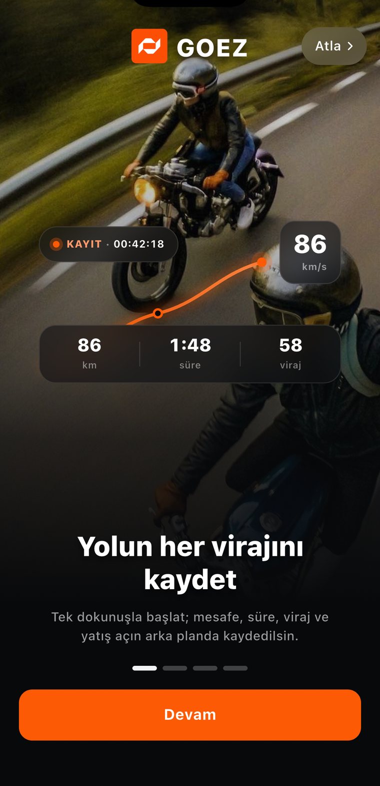 GOEZ recording a ride with distance, time and corner count