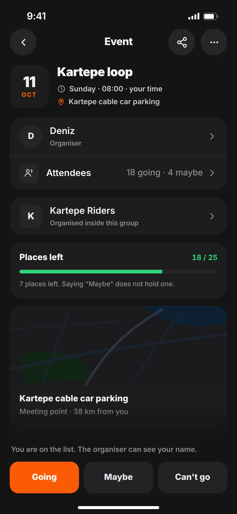 GOEZ event with date, meeting point and riders joining