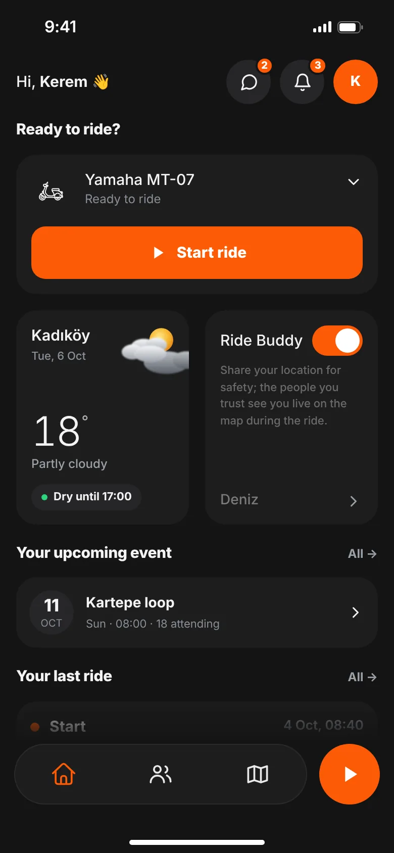GOEZ home screen with Start ride, Ride Buddy and last ride summary