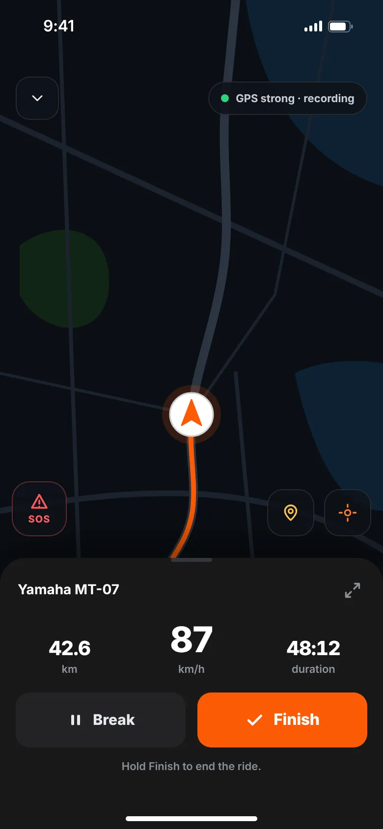 GOEZ ride mode showing distance, speed and time